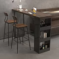 Wooden Bar Counter with Wine Glasses Coffee Cup Laptop and Wooden Stools by Brown Sofa