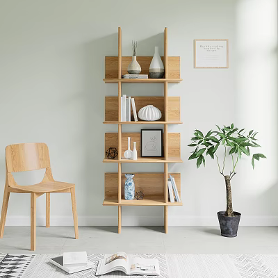 Minimalist Wooden Bookcase With Books Vases Photo Frame Chair And Potted Plant 3d model