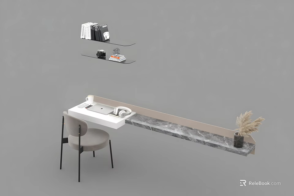 Sleek White Office Desk With Chair Wall Shelves Books And Decorative Potted Plant 3d model 