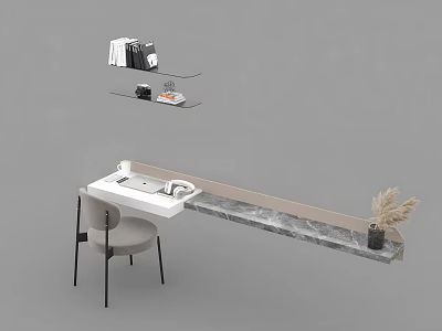 Sleek White Office Desk With Chair Wall Shelves Books And Decorative Potted Plant 3d model