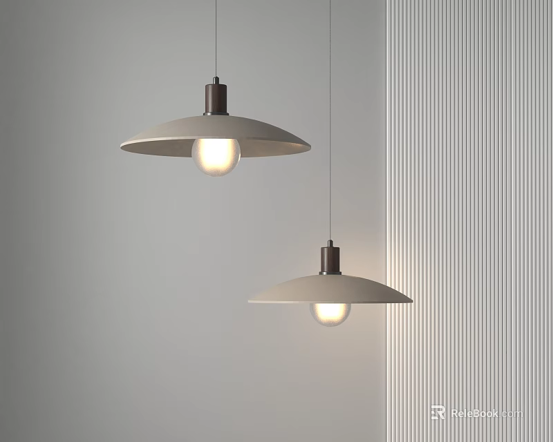 Two Modern Pendant Lights With Shallow Dome Shades And Dark Bases On Gray Wall 3d model 
