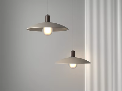 Two Modern Pendant Lights With Shallow Dome Shades And Dark Bases On Gray Wall 3d model
