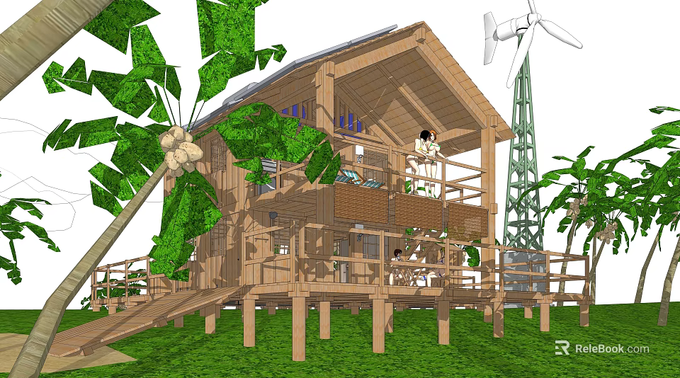 Wooden Stilt Guesthouse Building With Balcony Green Plants And Wind Turbine 3d model 