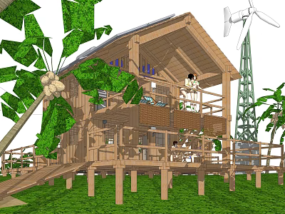 Wooden Stilt Guesthouse Building With Balcony Green Plants And Wind Turbine 3d model