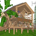 Wooden Stilt Guesthouse Building With Balcony Green Plants And Wind Turbine