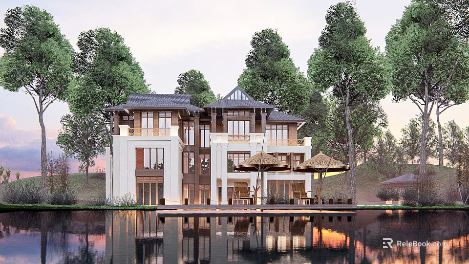 Modern Chinese Villa By The Lake With Lush Trees And Water Reflection 3d model 