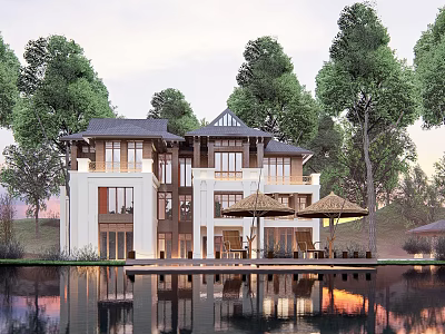 Modern Chinese Villa By The Lake With Lush Trees And Water Reflection 3d model