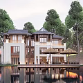 Modern Chinese Villa By The Lake With Lush Trees And Water Reflection