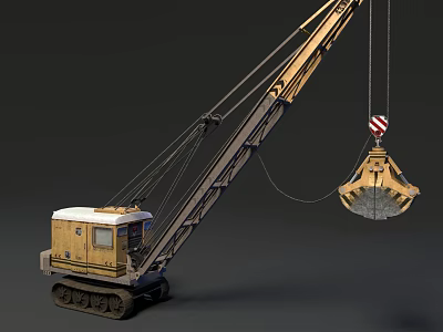 Heavy Duty Tracked Crane With Clamshell Bucket And Extended Arm On Dark Background 3d model