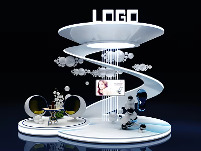 White Spiral Structure Photo Spot With Sphere Decorations Seats And Screen 3d model