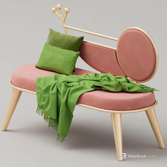 Modern Pink Bench With Green Pillows Blanket And Light Wooden Frame 3d model 