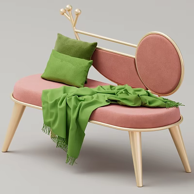 Modern Pink Bench With Green Pillows Blanket And Light Wooden Frame 3d model