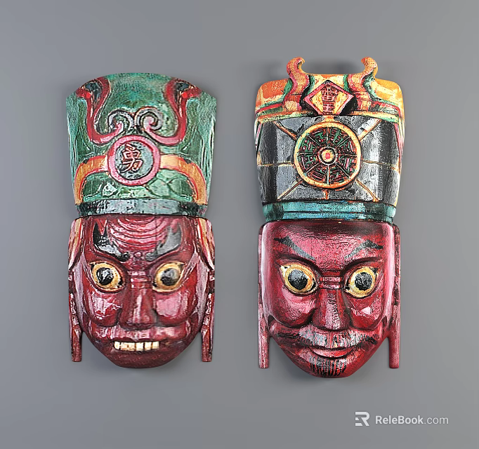Traditional Colorful Masks With Intricate Patterns Vibrant Hues And Ornate Headgear 3d model 