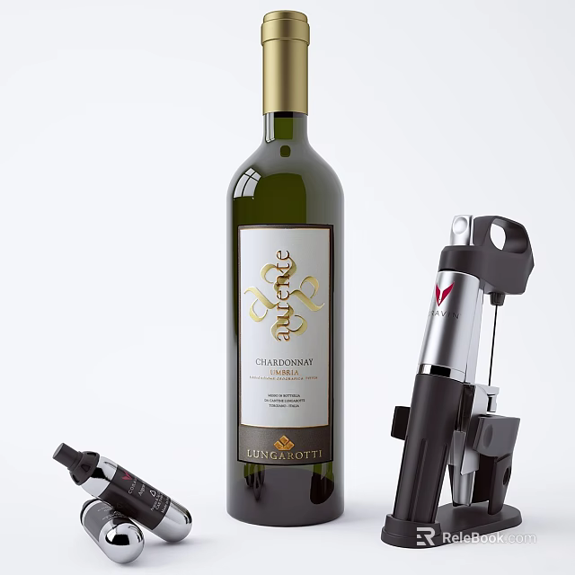 Wine Bottle And Glass With Chardonnay Label And Bar Tools 3d model 
