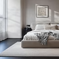Modern Bedroom Interior Design With Beige Bedding Gray Blanket Wall Art And White Curtains