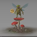 Green Winged Creature Holding Glowing Orb On Red Spotted Mushroom With Small Mossy Mushrooms