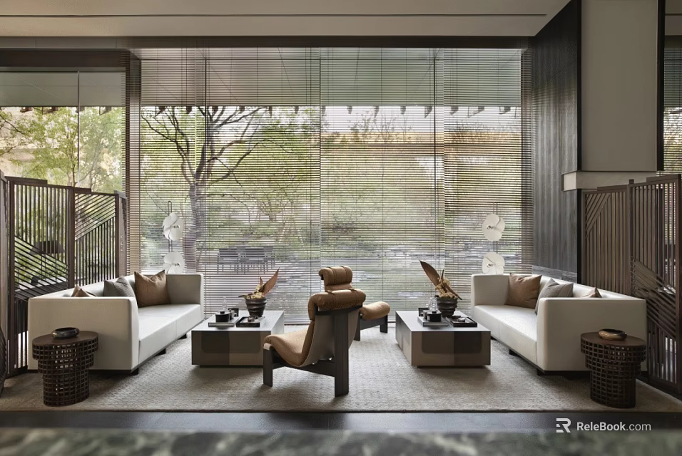 Elegant Leisure Area Featuring White Sofa Armchair Coffee Tables And Scenic Outdoor View 3d model 