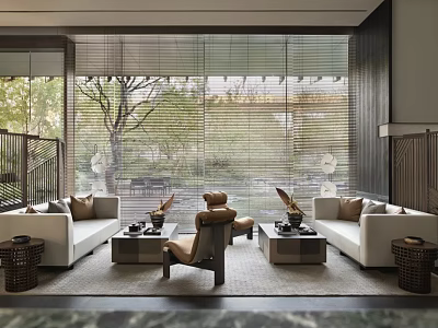 Elegant Leisure Area Featuring White Sofa Armchair Coffee Tables And Scenic Outdoor View 3d model