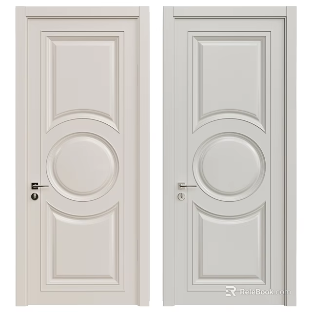 White Hinged Doors With Decorative Panel Design Round And Rectangular Patterns Door Handles And Locks 3d model 