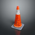 Orange Reflective Traffic Cone With White Stripe And Rubber Base Isolated On Dark Background