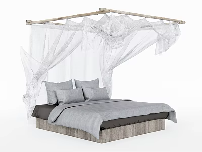 Double Bed with Gray Bed Sheets and Pillows and Wooden Frame with White Canopy Curtains 3d model