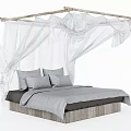 Double Bed with Gray Bed Sheets and Pillows and Wooden Frame with White Canopy Curtains