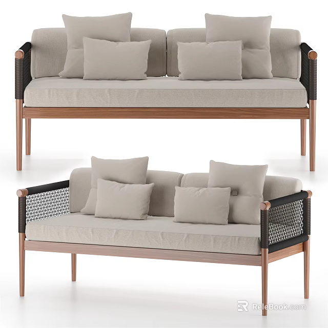 Modern Beige Sofa with Wooden Legs and Black Woven Armrests for Living Room Home Decor 3d model 