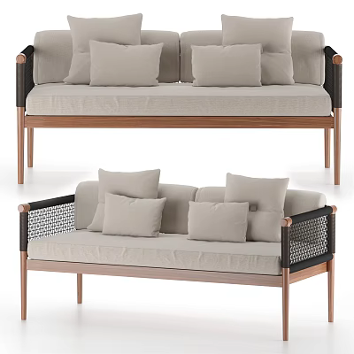 Modern Beige Sofa with Wooden Legs and Black Woven Armrests for Living Room Home Decor 3d model
