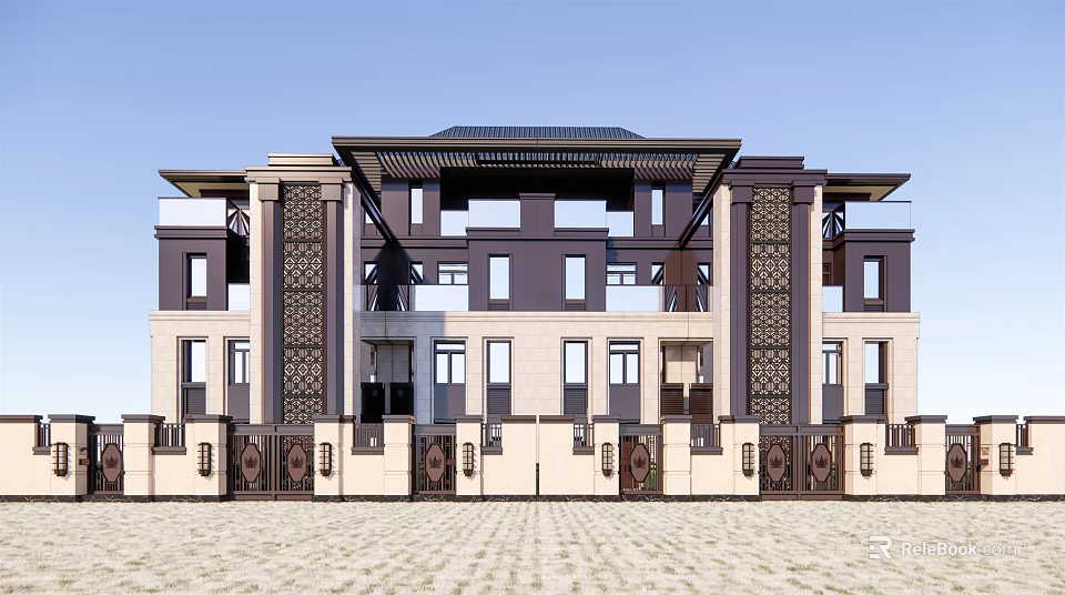 Duplex Villa Exterior With Modern Traditional Facade And Carved Decorative Details 3d model 