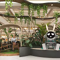 Public Chairs In Mall Rest Area With Green Plants And Rabbit Sculpture