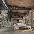 Rustic Restaurant Interior With Wooden Ceiling Tables Chairs Stone Wall And Open Bar Counter