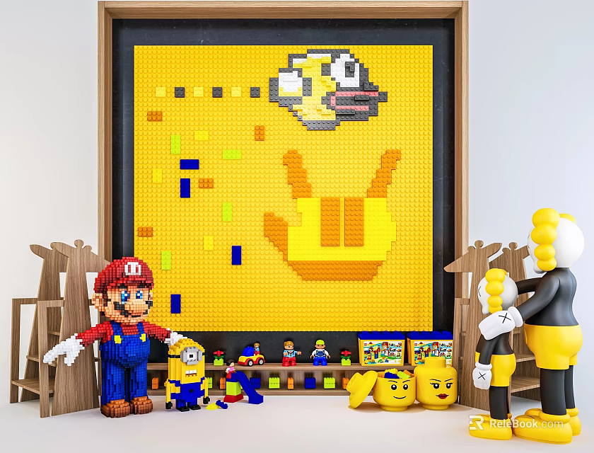 Building Blocks Display Scene Featuring Yellow Wall Pattern Mario Minions Figures and Toys 3d model 