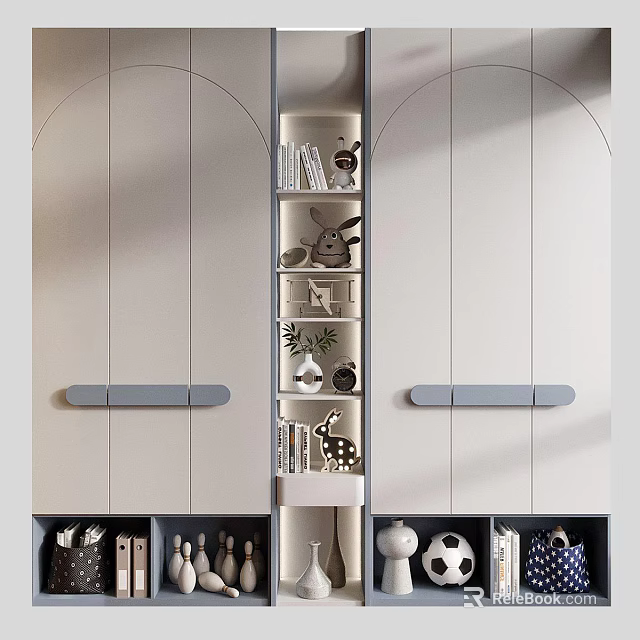 Modern Bookcase Interior Design With Open Shelves Books Bunny Giraffe Figurines And Vases 3d model 