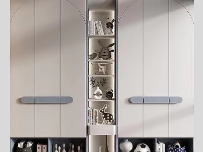 Modern Bookcase Interior Design With Open Shelves Books Bunny Giraffe Figurines And Vases 3d model