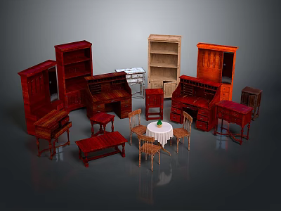 Vintage Wooden Furniture Collection With Bookcases Desks Tables Chairs And Cabinets 3d model