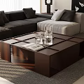 Modern Coffee Table In Living Room With Glasses And Magazine On Wooden Surface Near Sofa