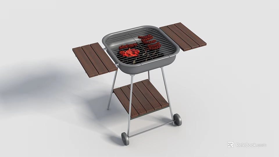 Portable Outdoor Grill With Wooden Side Shelves Metal Grates Lower Wooden Shelf And Wheels 3d model 