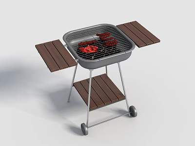 Portable Outdoor Grill With Wooden Side Shelves Metal Grates Lower Wooden Shelf And Wheels 3d model