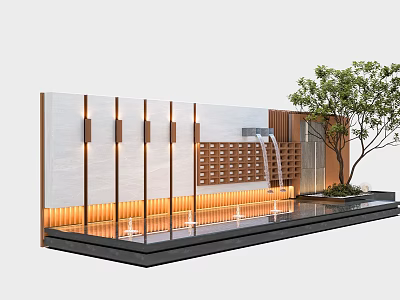 Modern Scenic Feature Wall With White Stone Wooden Lattice Water Feature Lighting And Small Tree 3d model