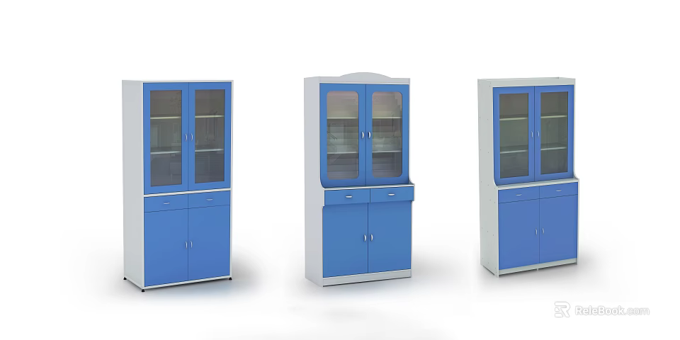 Blue And White Storage Cabinets With Glass Doors Drawers And Lower Compartments 3d model 
