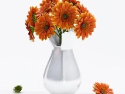 Orange Daisies Arranged in Silver Glass Vase with Fresh Petals and Center Details 3d model