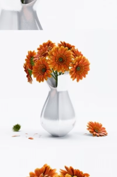 Orange Daisies Arranged in Silver Glass Vase with Fresh Petals and Center Details 3d model