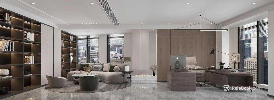 Modern Office Interior With Open Layout Desk Sofa And City View Windows 3d model