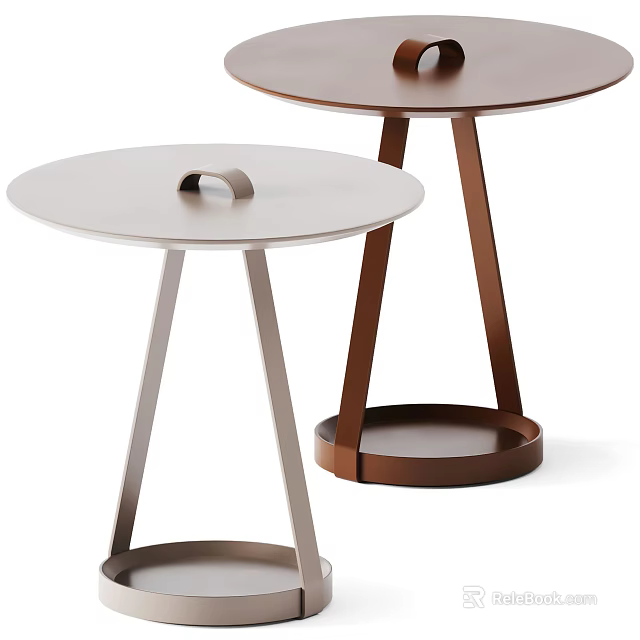 White and Brown Round Side Tables with Metal Legs and Ring Detail 3d model 