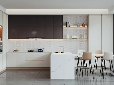 Modern Kitchen Interior With Dark Cabinets White Marble Island And White Tile Backsplash 3d model