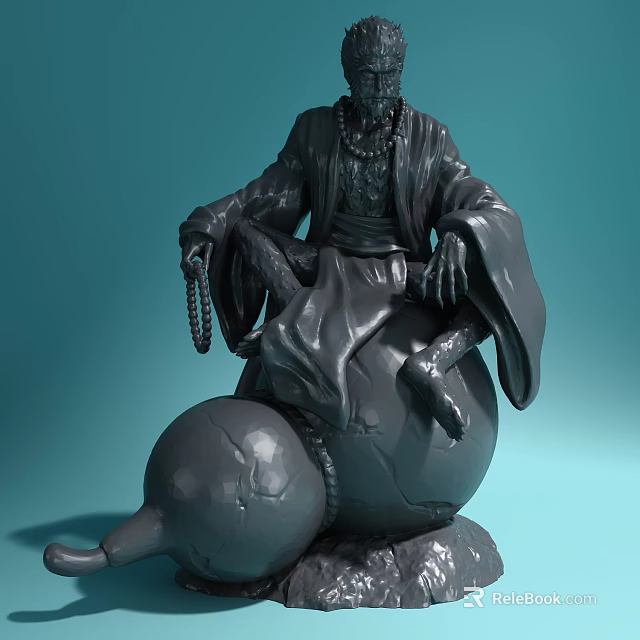 Detailed Sculpture Carving of Seated Robed Figure Holding Prayer Beads On Gourd Shaped Object 3d model 