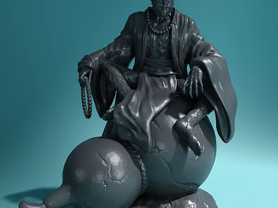 Detailed Sculpture Carving of Seated Robed Figure Holding Prayer Beads On Gourd Shaped Object 3d model