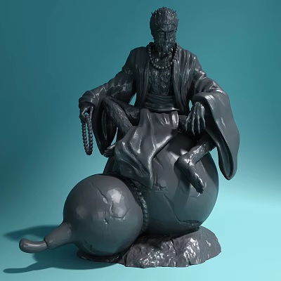 Detailed Sculpture Carving of Seated Robed Figure Holding Prayer Beads On Gourd Shaped Object 3d model