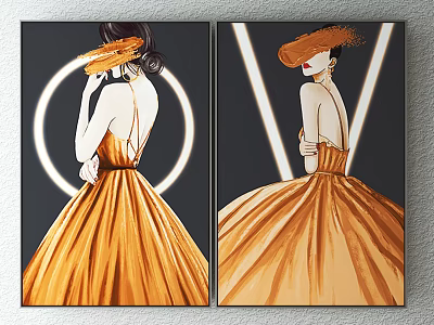 Portrait Paintings Of Women In Orange Gowns With Hats And Geometric Backgrounds 3d model