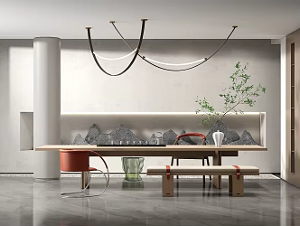 New Chinese Tea Table and Chair Home Tea Table and Chair Combination Chandelier Plant 3d model